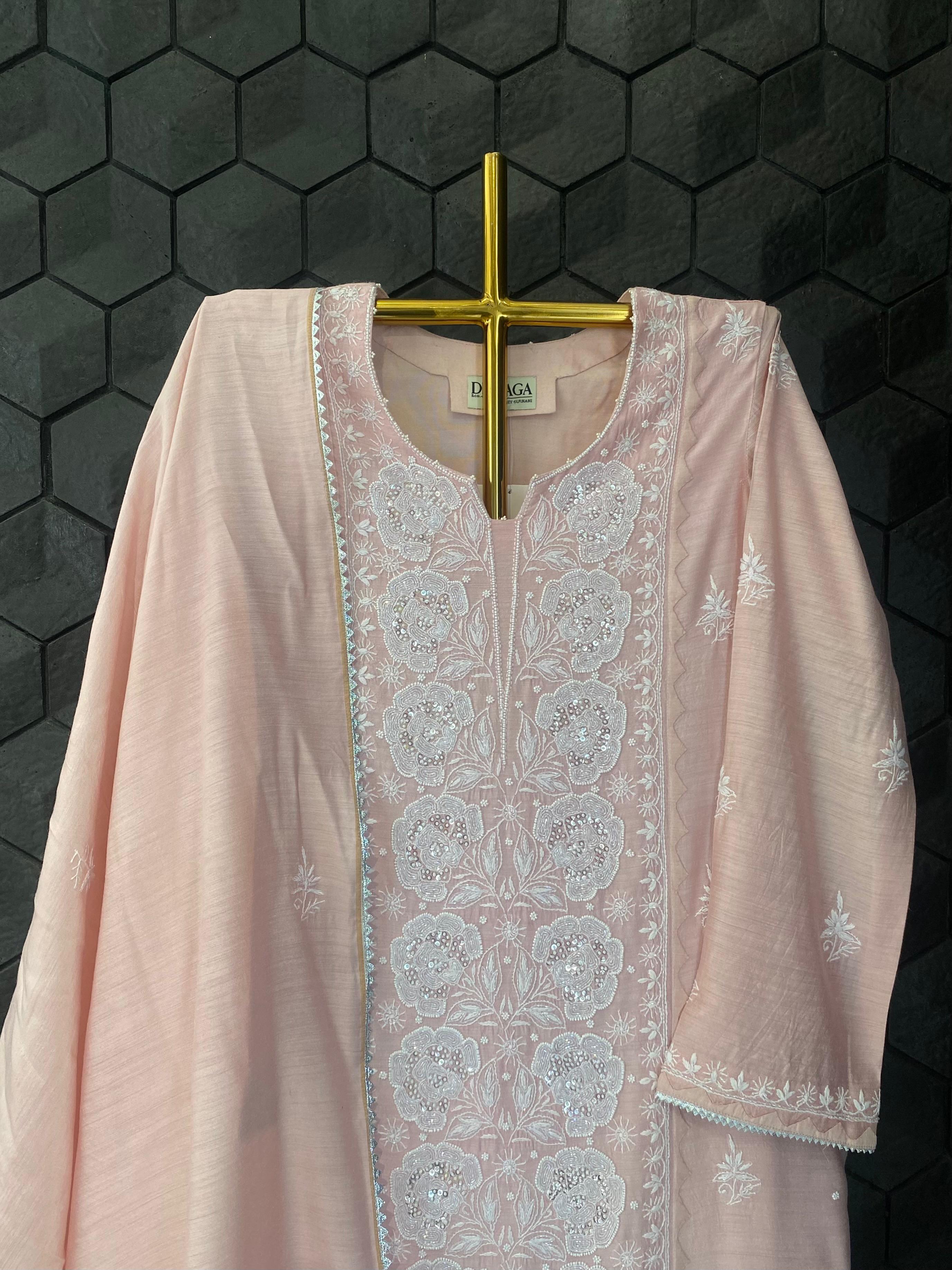 Pink Munga Silk chikankari kurta set