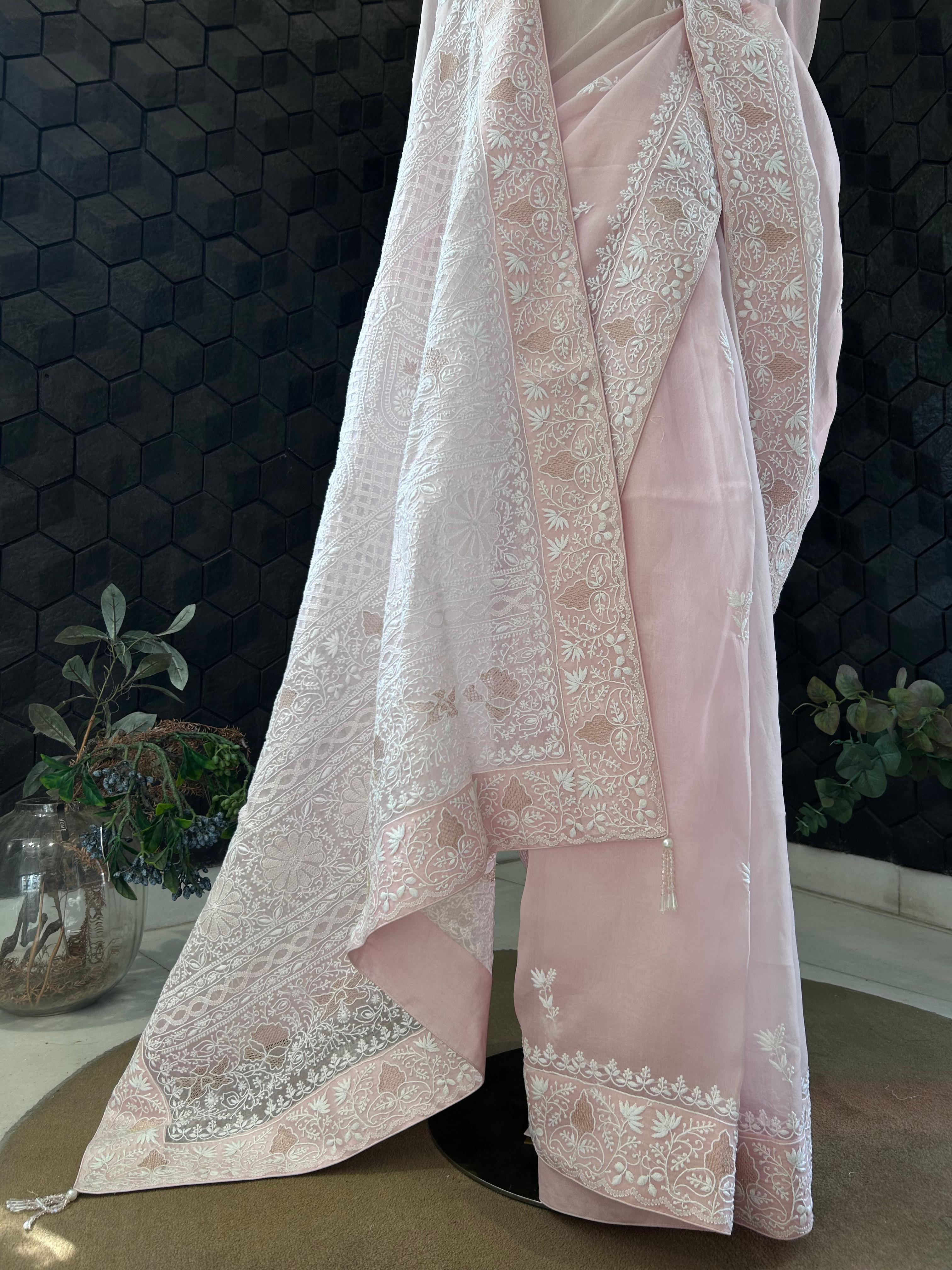 Pink organza chikankari saree