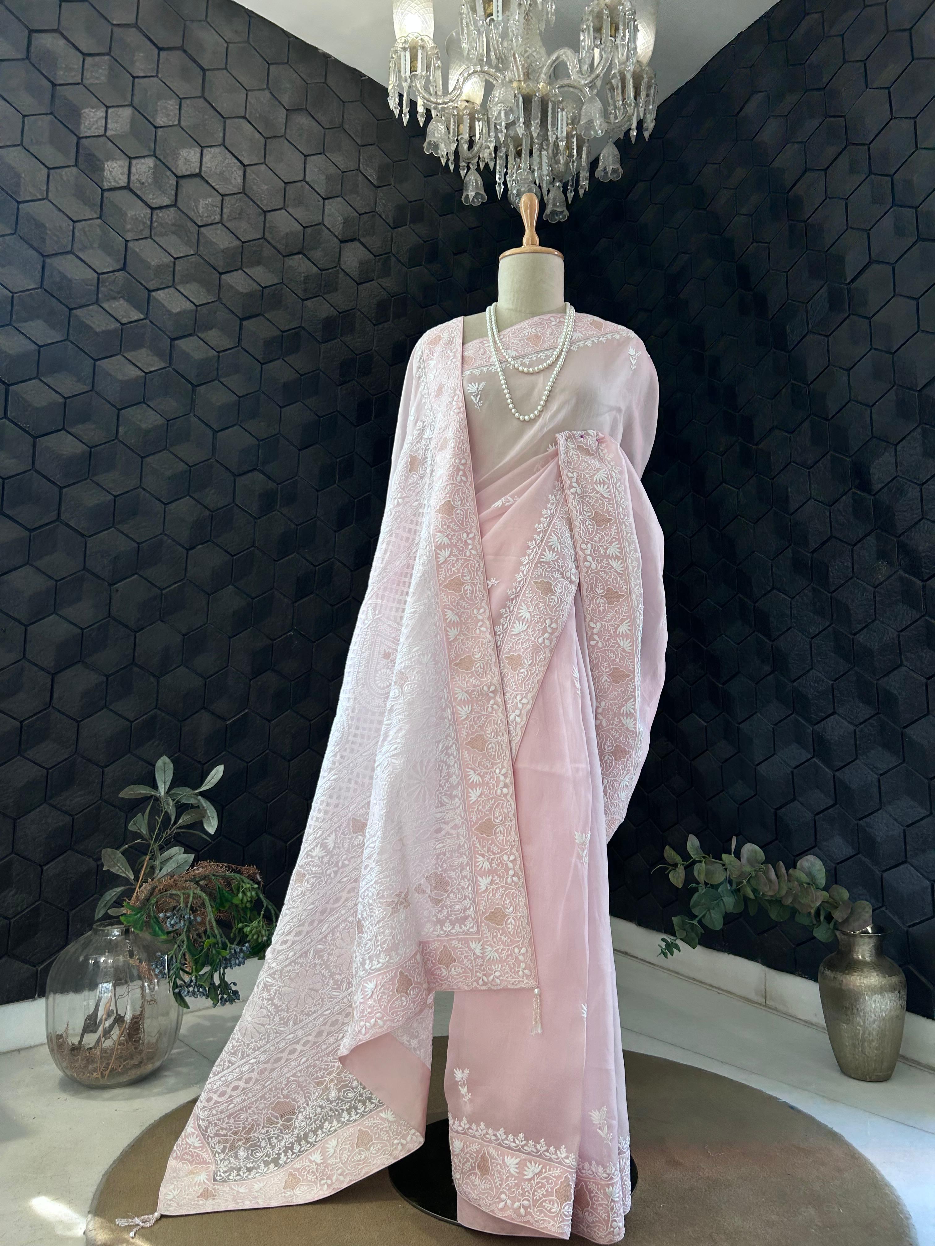 Pink organza chikankari saree