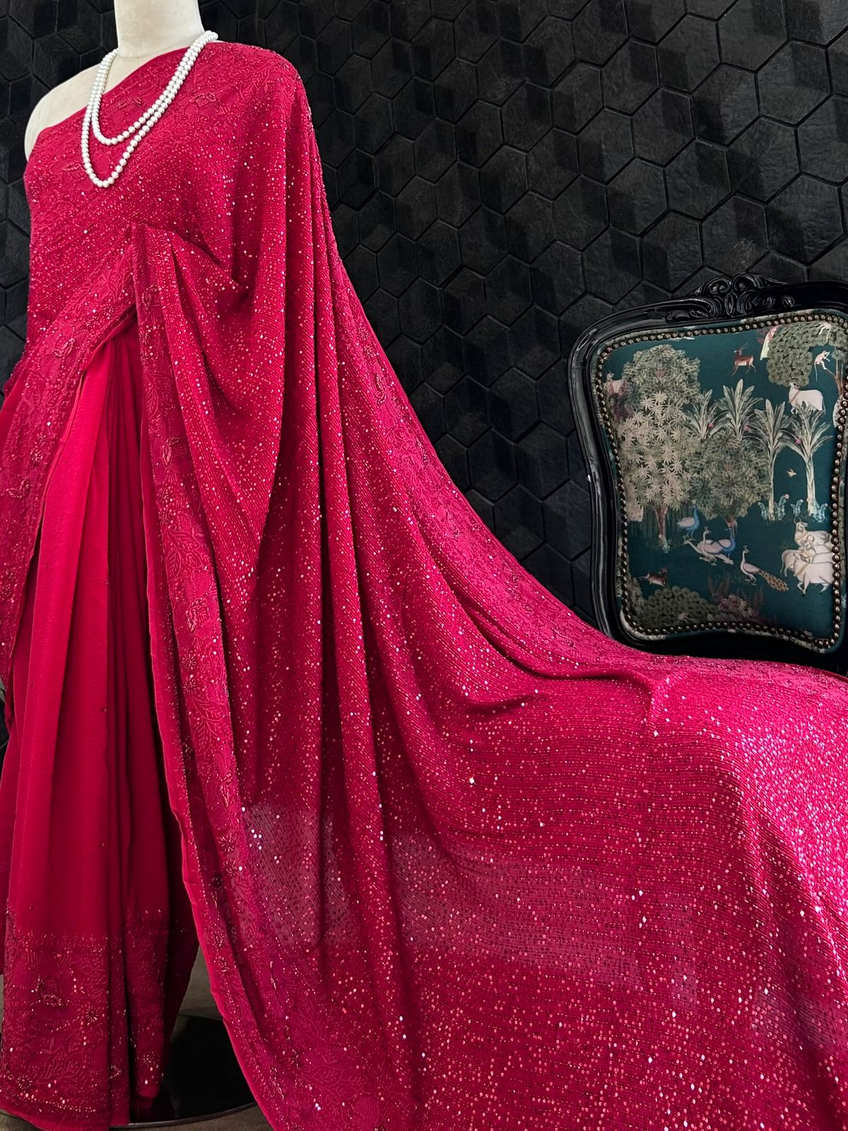 Red georgette chikankari saree