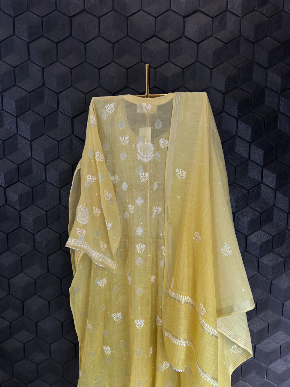 Lime Green Mul Chanderi Chikankari Kurta