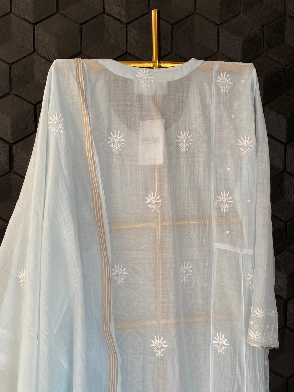 Sky Blue Mul Chanderi Chikankari Anarkali Set