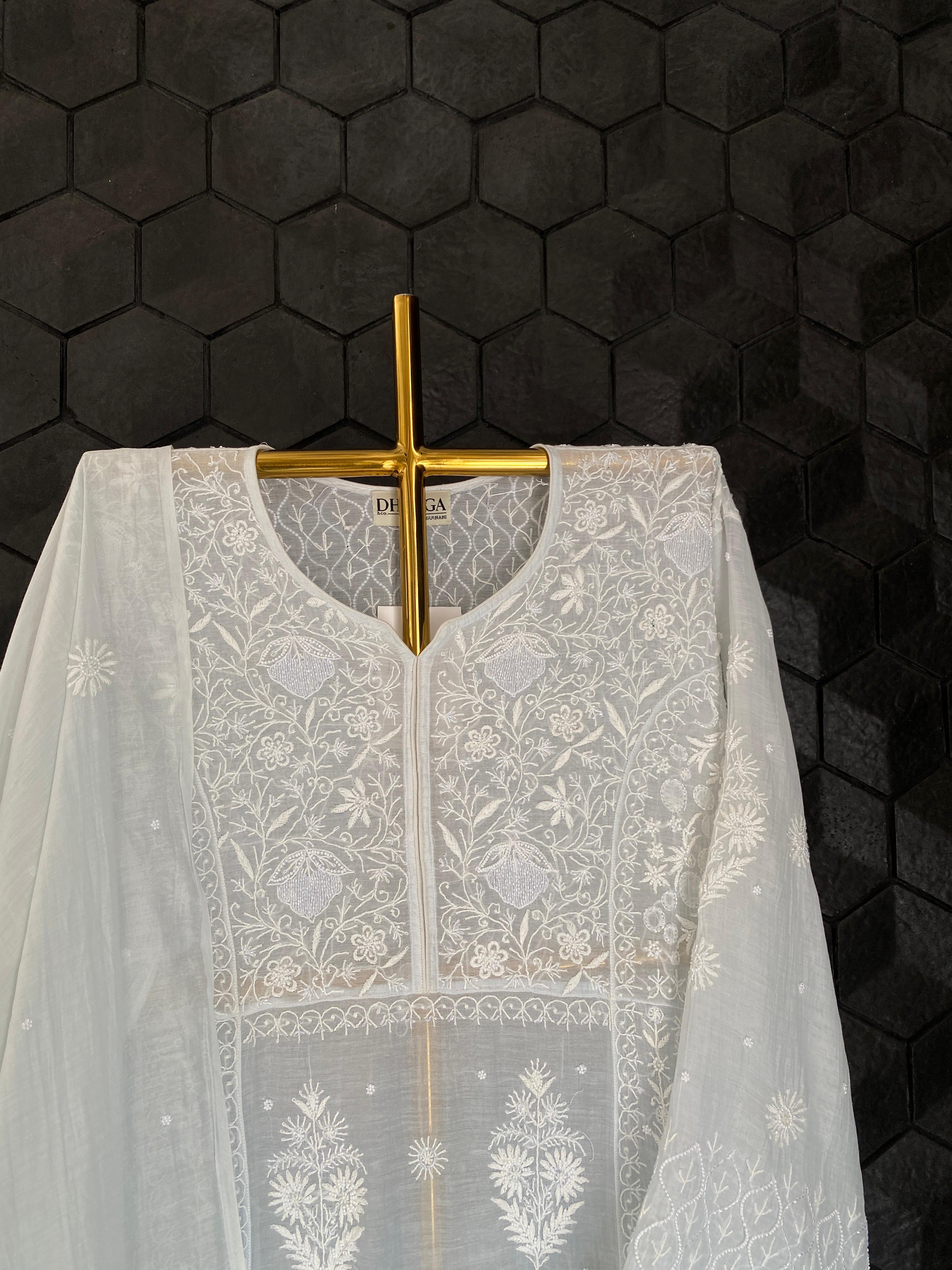 Sky Blue Mul Chanderi Chikankari Kurta Set