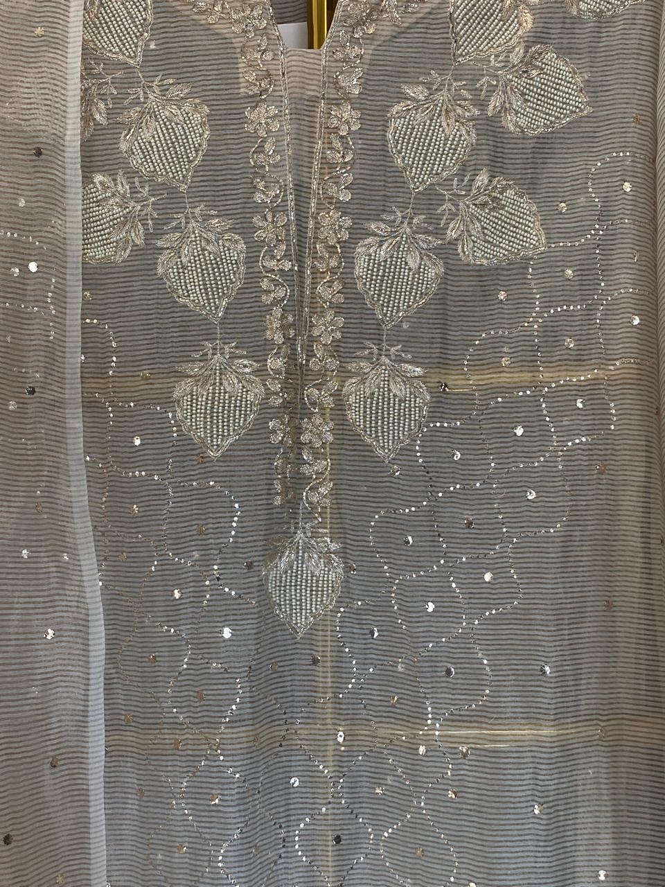 Natural Striped Tissue Chikankari Kurta Set