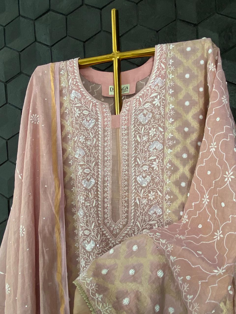 Pink Golden Tissue Chikankari Kurta Set