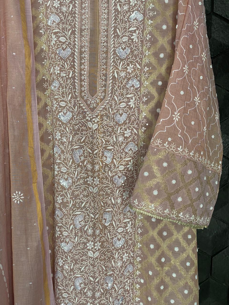 Pink Golden Tissue Chikankari Kurta Set
