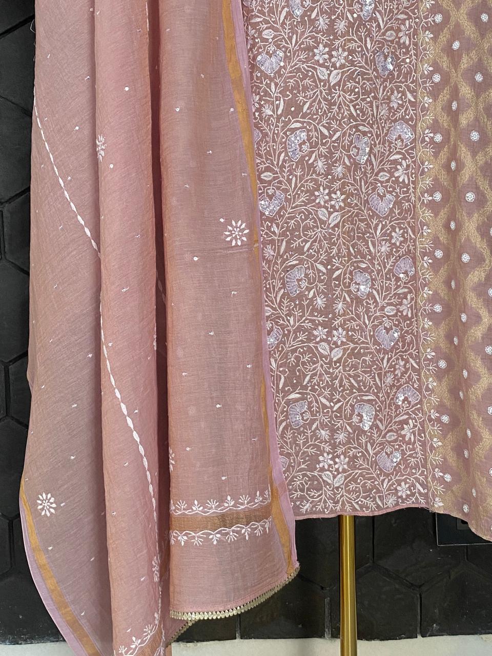 Pink Golden Tissue Chikankari Kurta Set