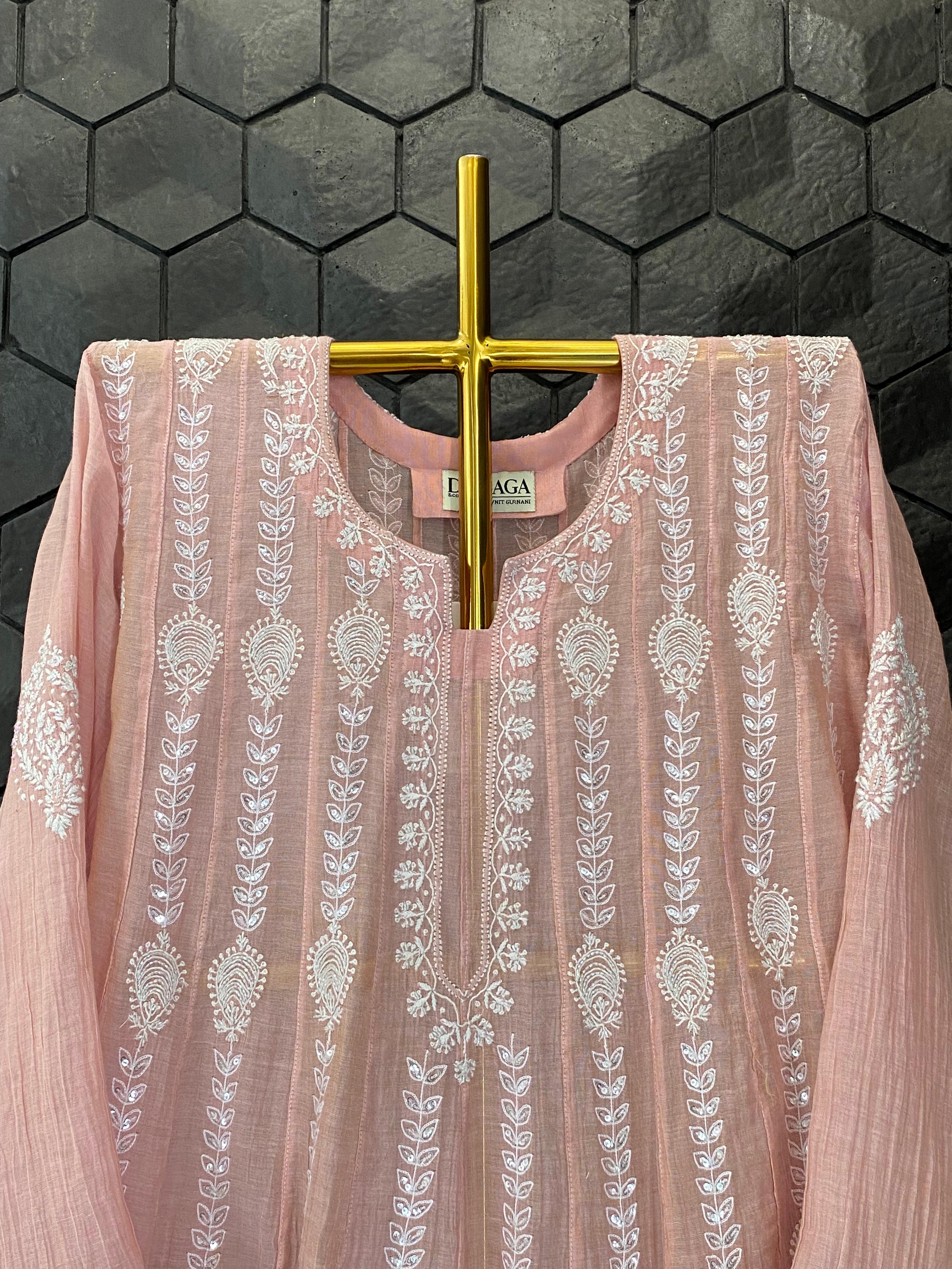 Pink Tissue Chikankari Kalidar Co-ord Set