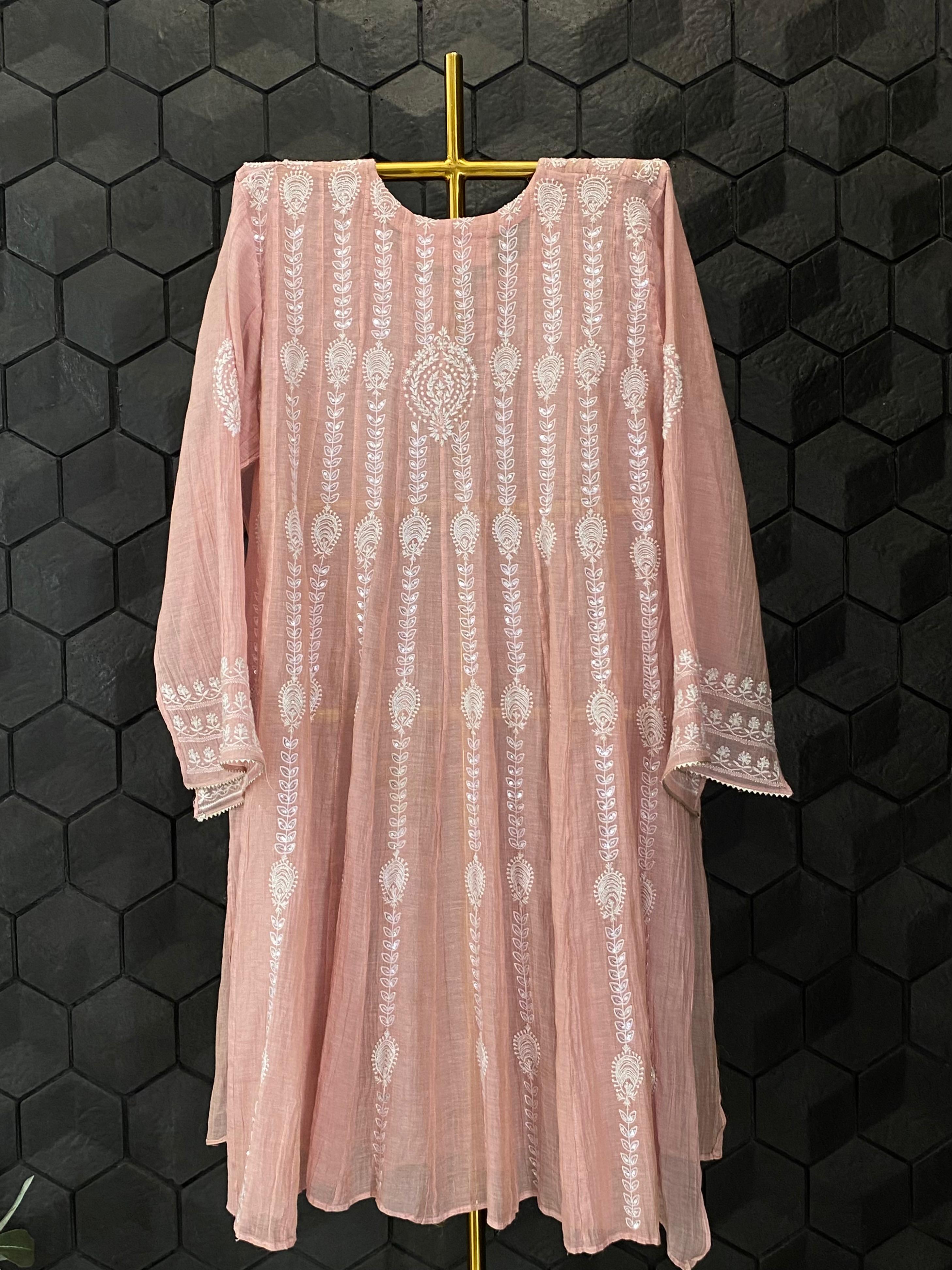 Pink Tissue Chikankari Kalidar Co-ord Set