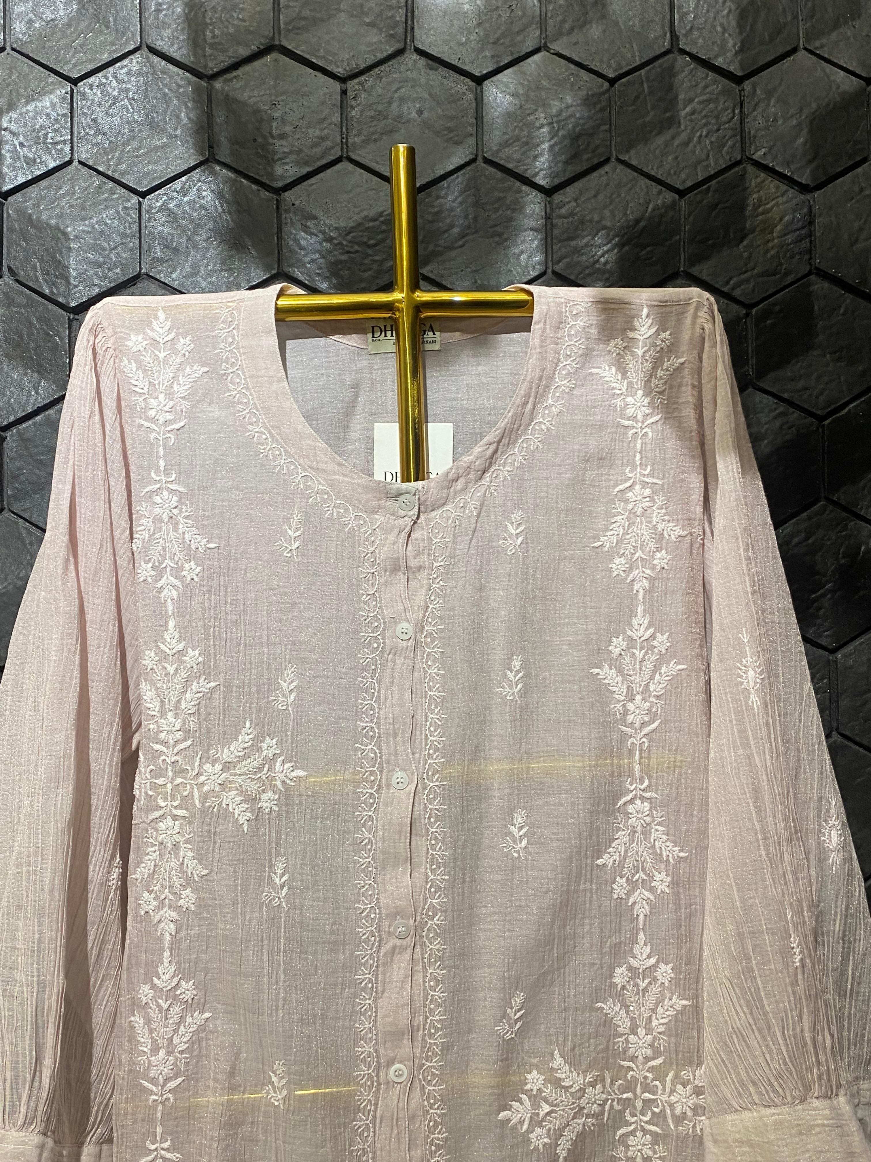 Pink Silver Tissue Chikankari Co-ord Set