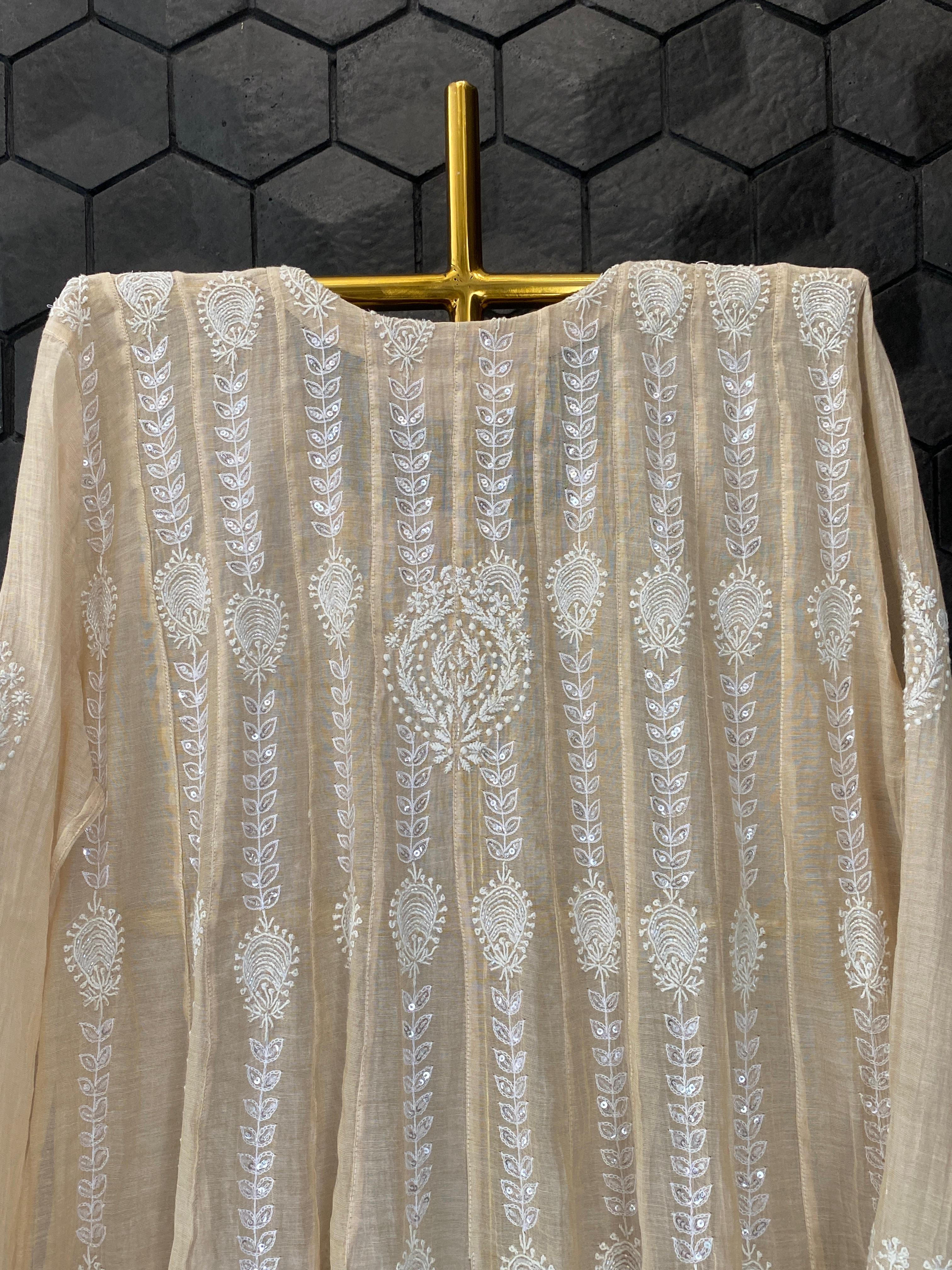 Beige Tissue Chikankari Kalidar Co-ord Set