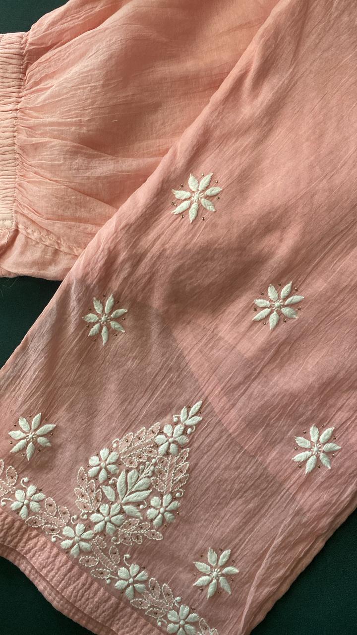 Pink Mul Chanderi Chikankari Co-ord set