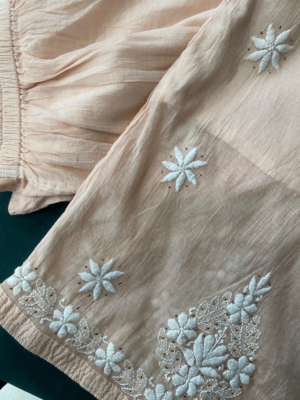 Peach Mul Chanderi Chikankari Co-ord set