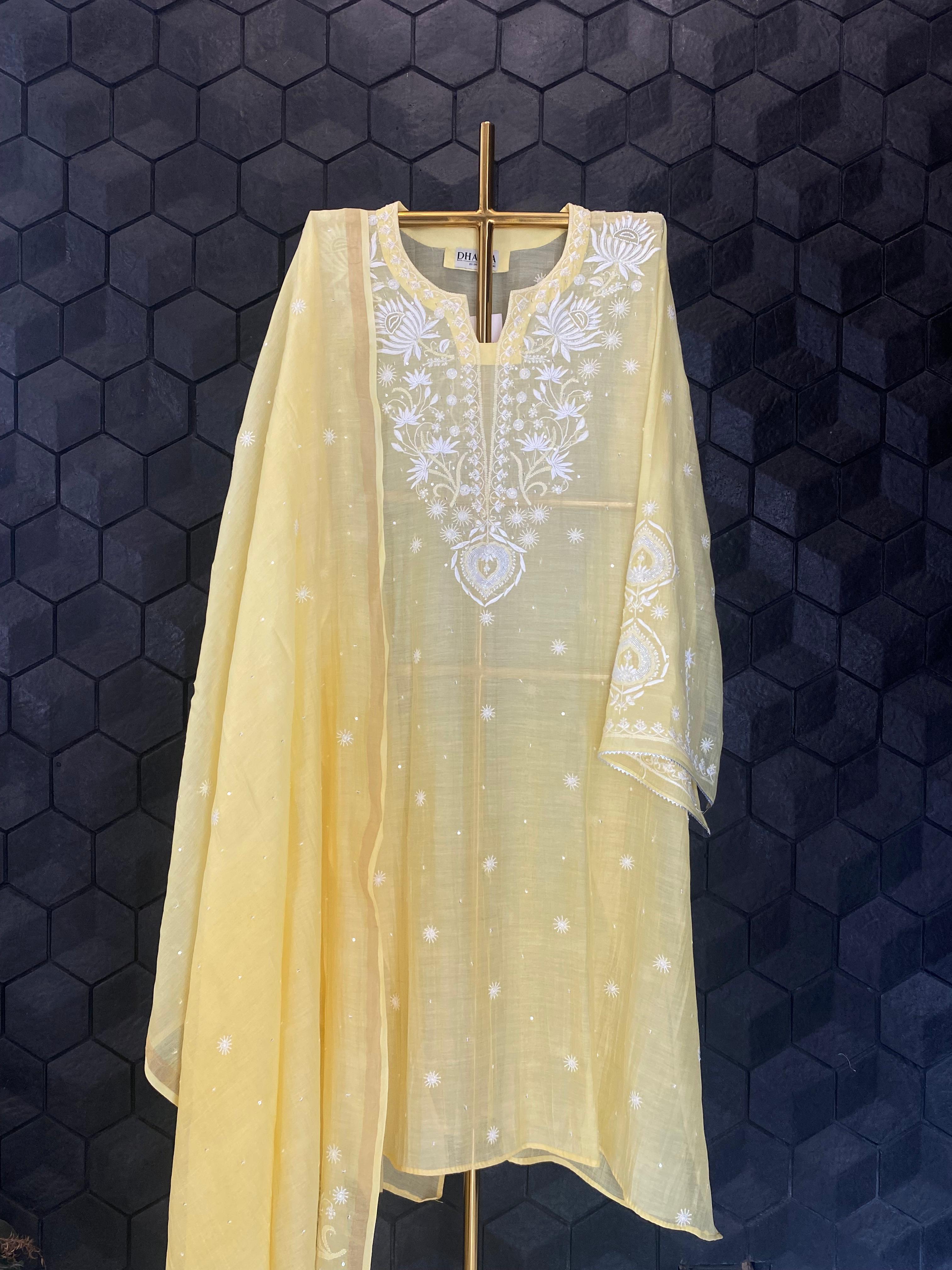 Yellow Mul Chanderi Chikankari Kurta Set