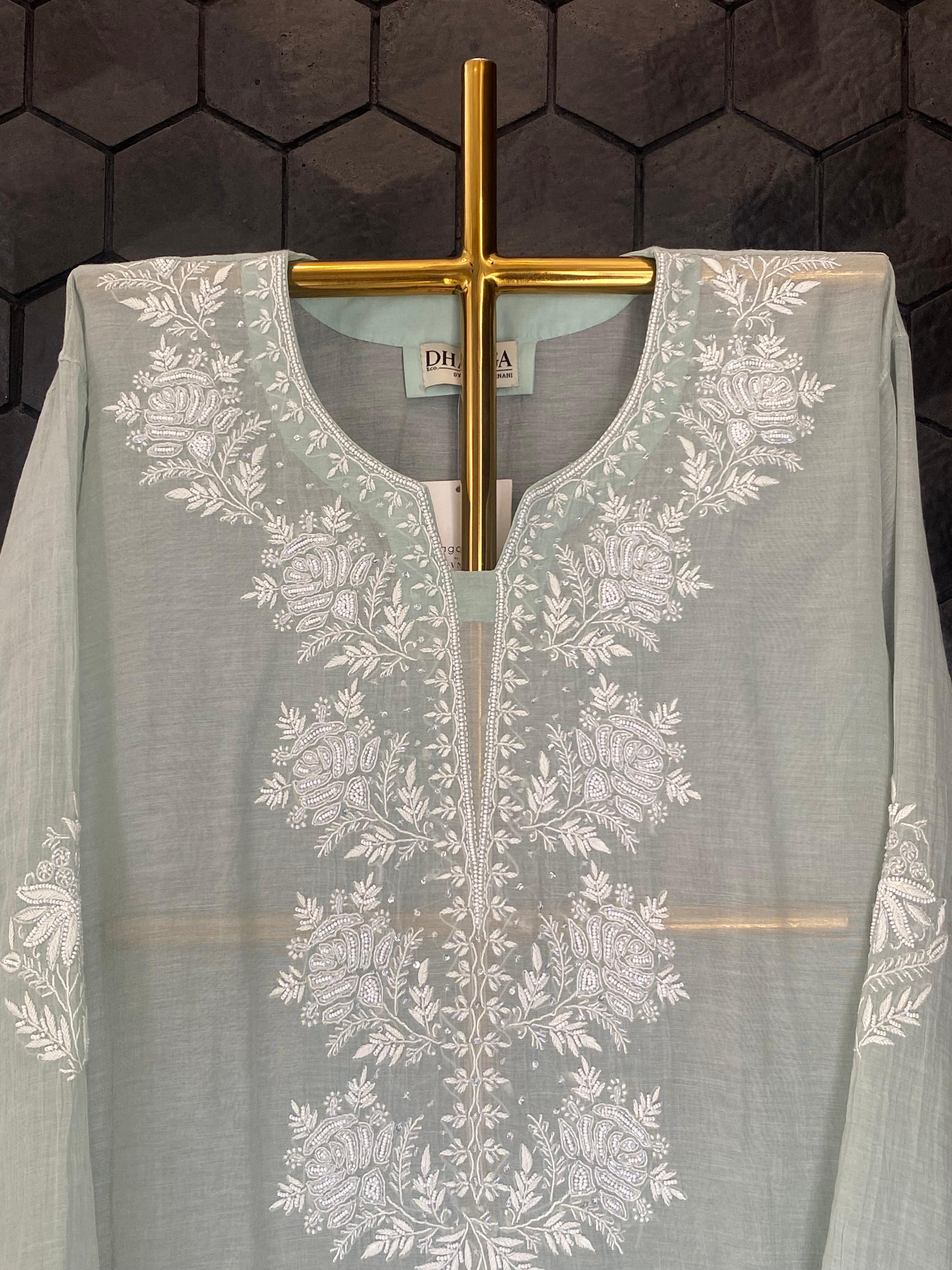 Sea Green Silver Tissue Chikankari Co-ord Set