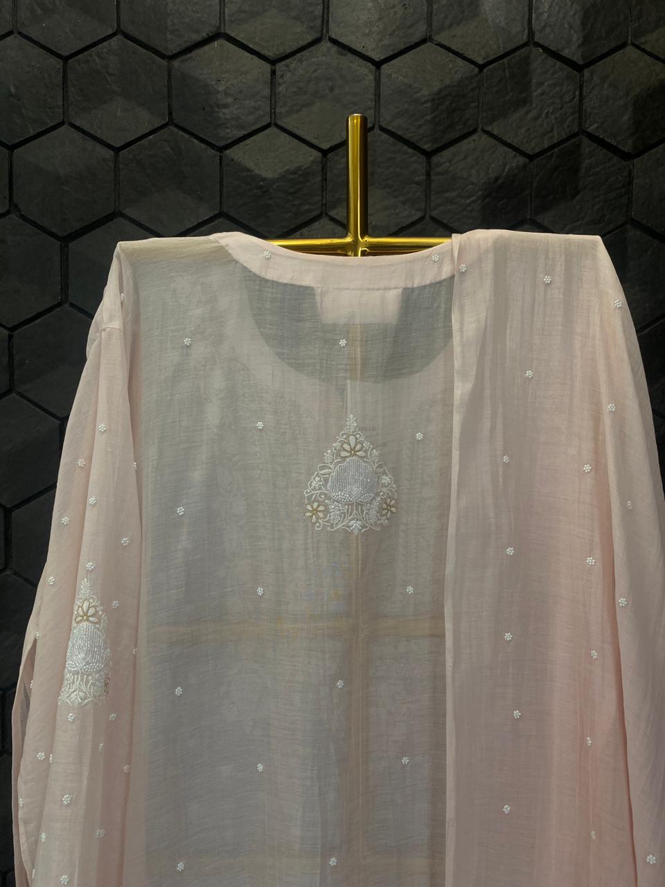 Pink Mul Chanderi Chikankari Kurta Set