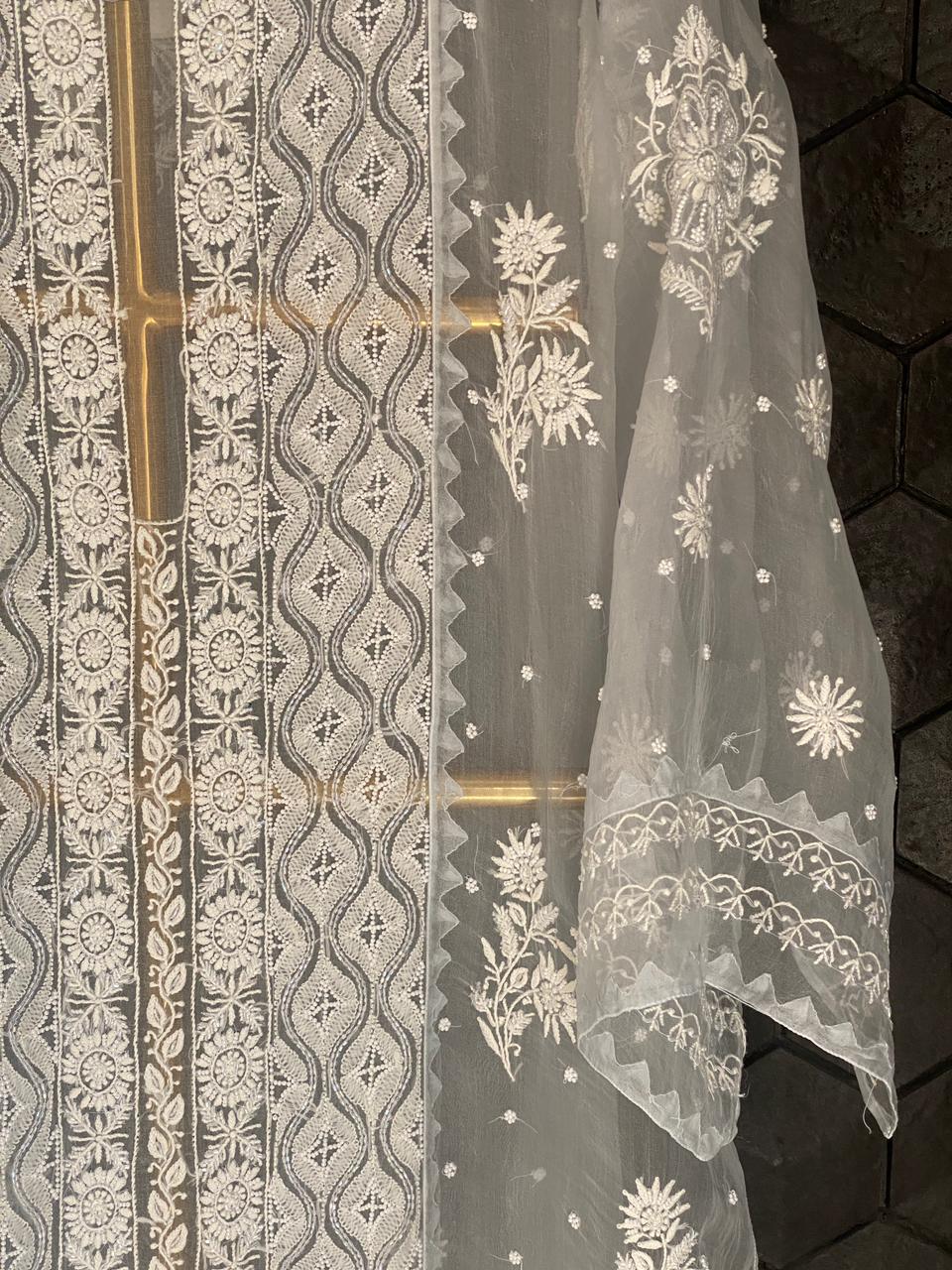 Blue Organza Chikankari Kurta set