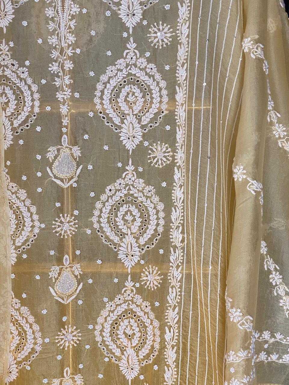 Yellow organza Chikankari Center Panel Kurta Set