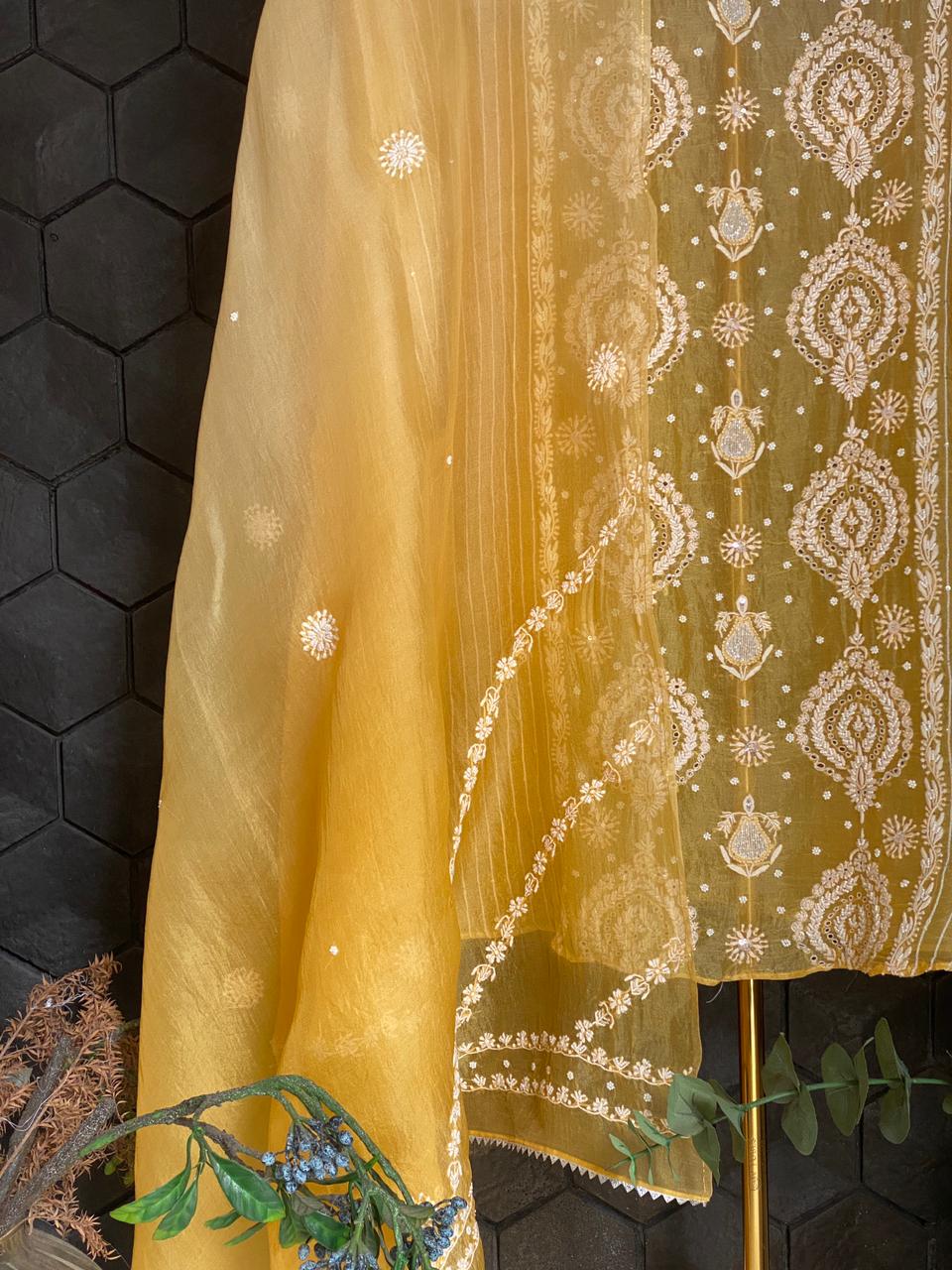 Yellow organza Chikankari Center Panel Kurta Set