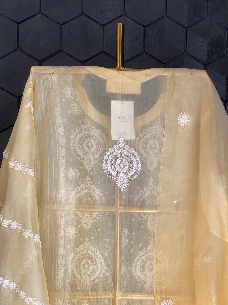Yellow organza Chikankari Center Panel Kurta Set