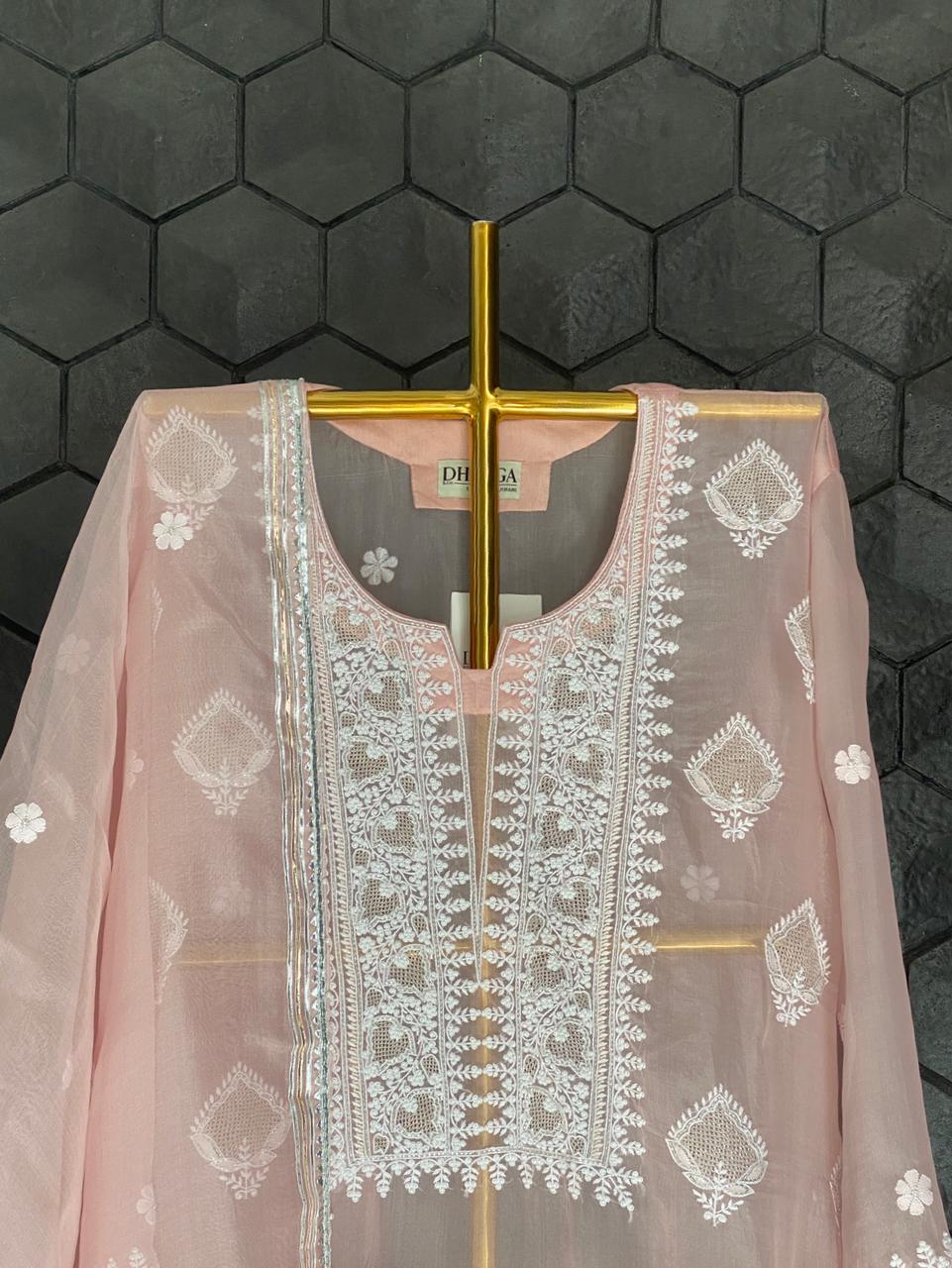 Peach Organza Chikankari Kurta Set