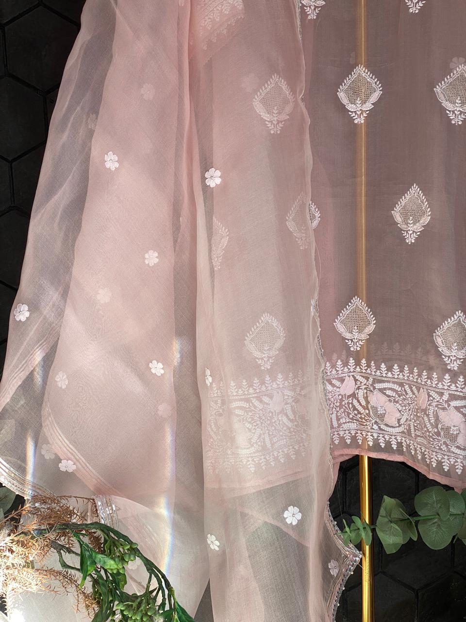 Peach Organza Chikankari Kurta Set