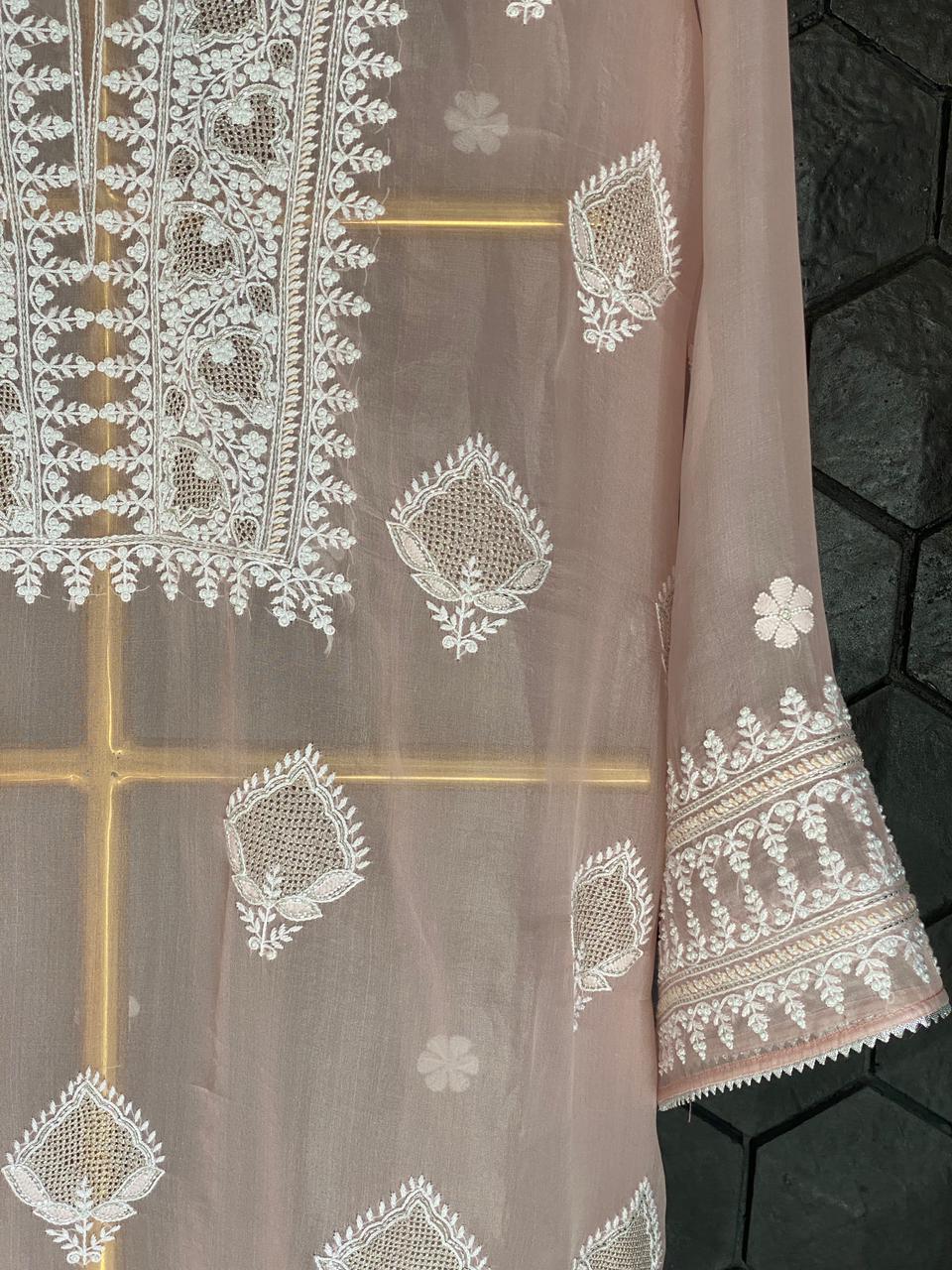 Peach Organza Chikankari Kurta Set