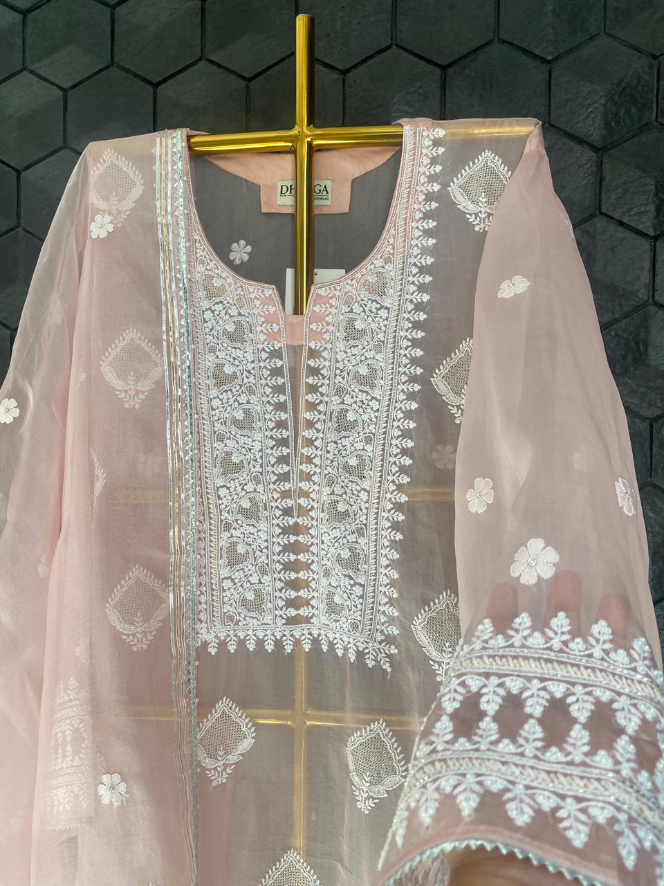 Peach Organza Chikankari Kurta Set