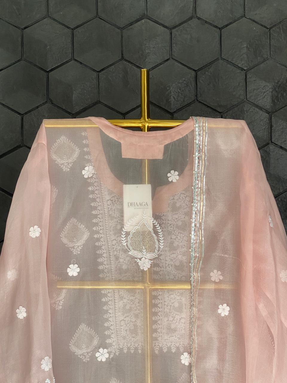 Peach Organza Chikankari Kurta Set