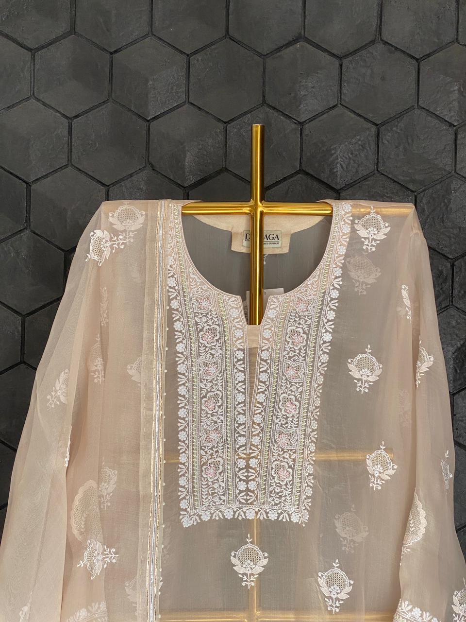 Brown ombre organza chikankari kurta set