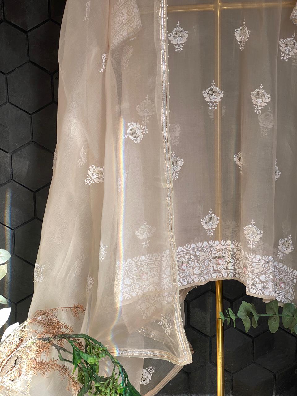 Brown ombre organza chikankari kurta set