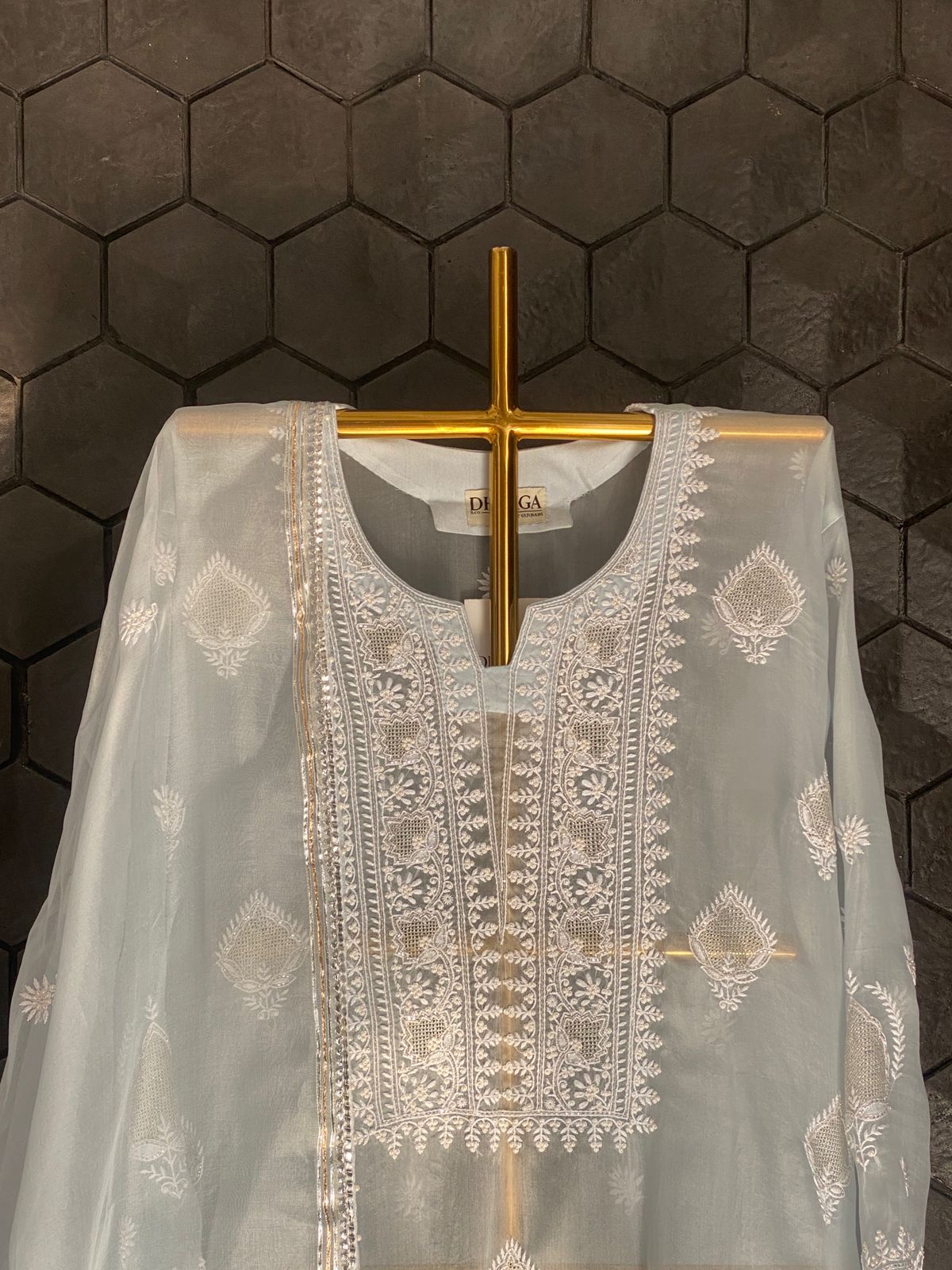 Blue Organza Chikankari Kurta Set