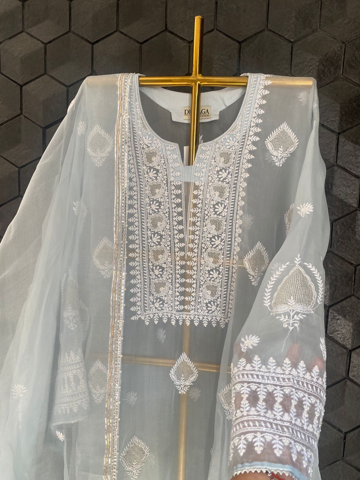 Blue Organza Chikankari Kurta Set