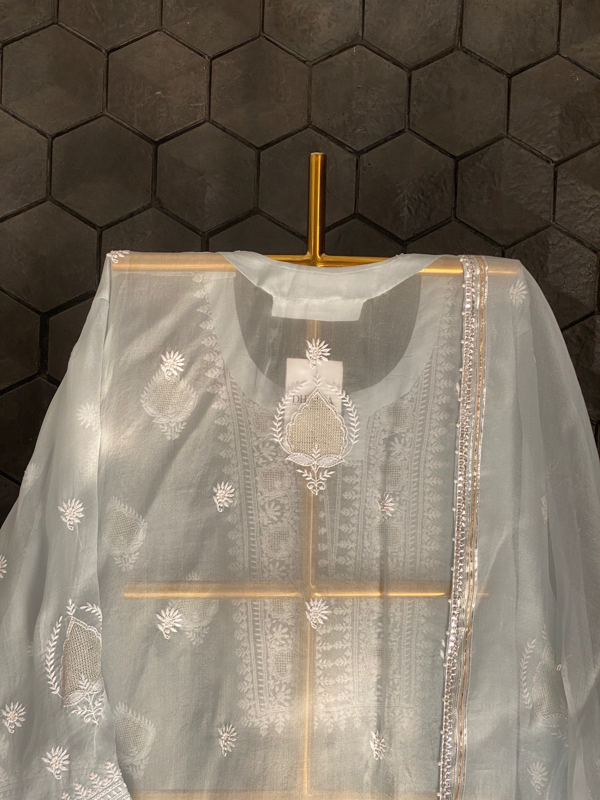 Blue Organza Chikankari Kurta Set