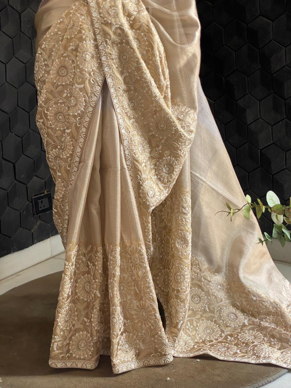 Gold Tissue Chikankari Saree with statement floral design