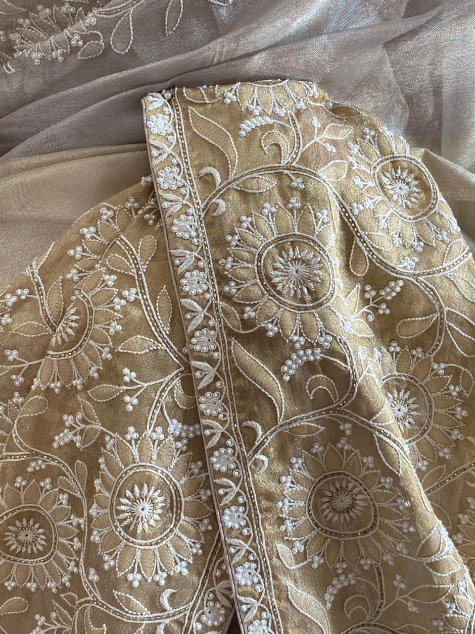 Gold Tissue Chikankari Saree with statement floral design