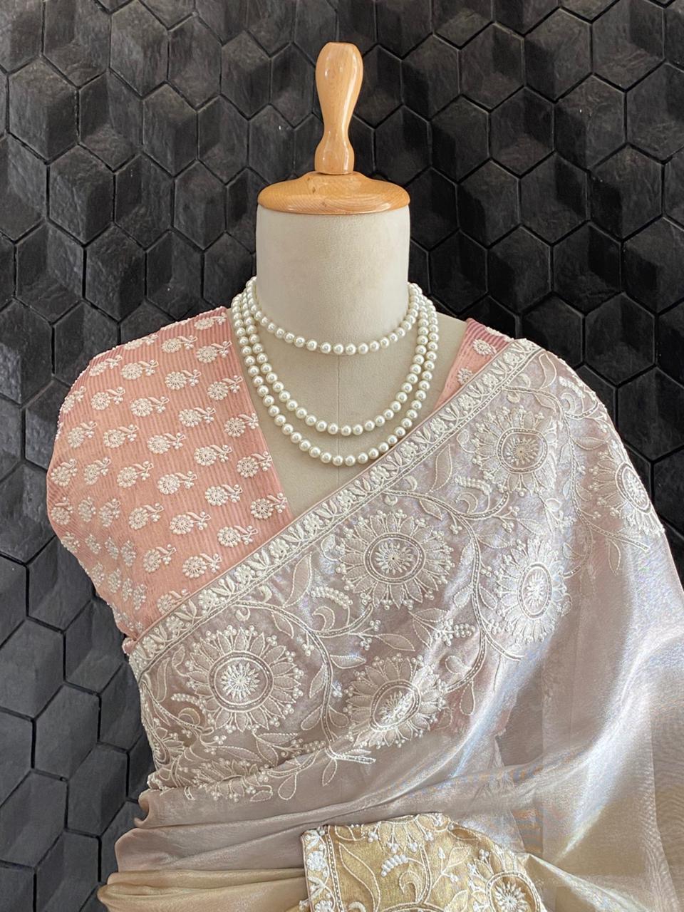 Gold Tissue Chikankari Saree with statement floral design