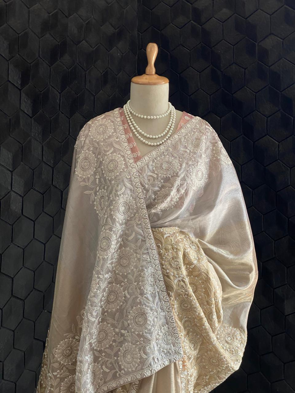 Gold Tissue Chikankari Saree with statement floral design
