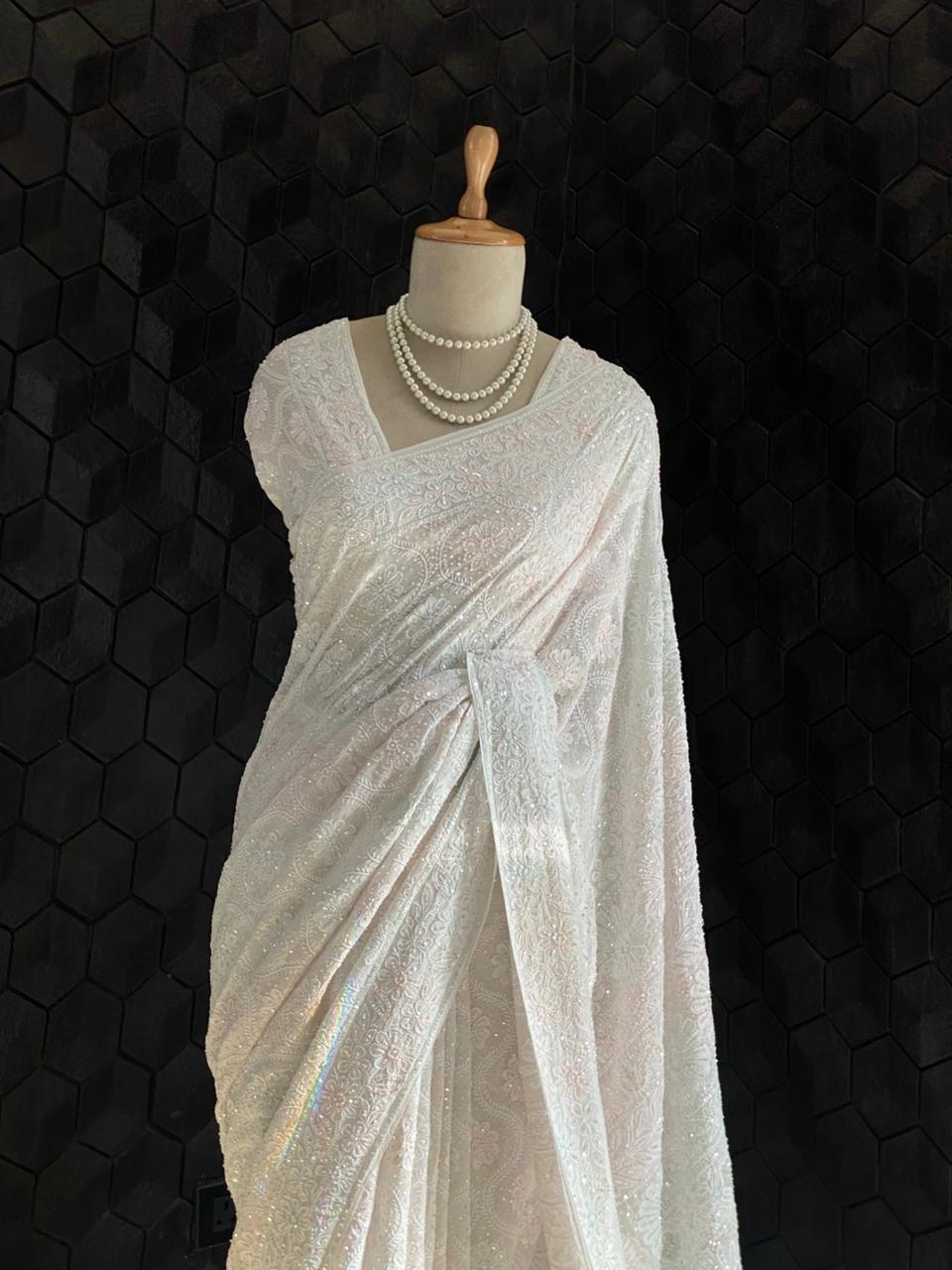 White Georgette Chikankari Saree