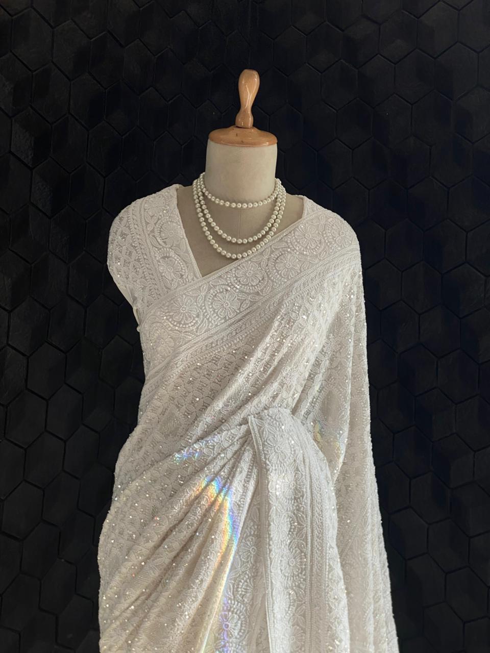 White Chikankari Georgette Saree