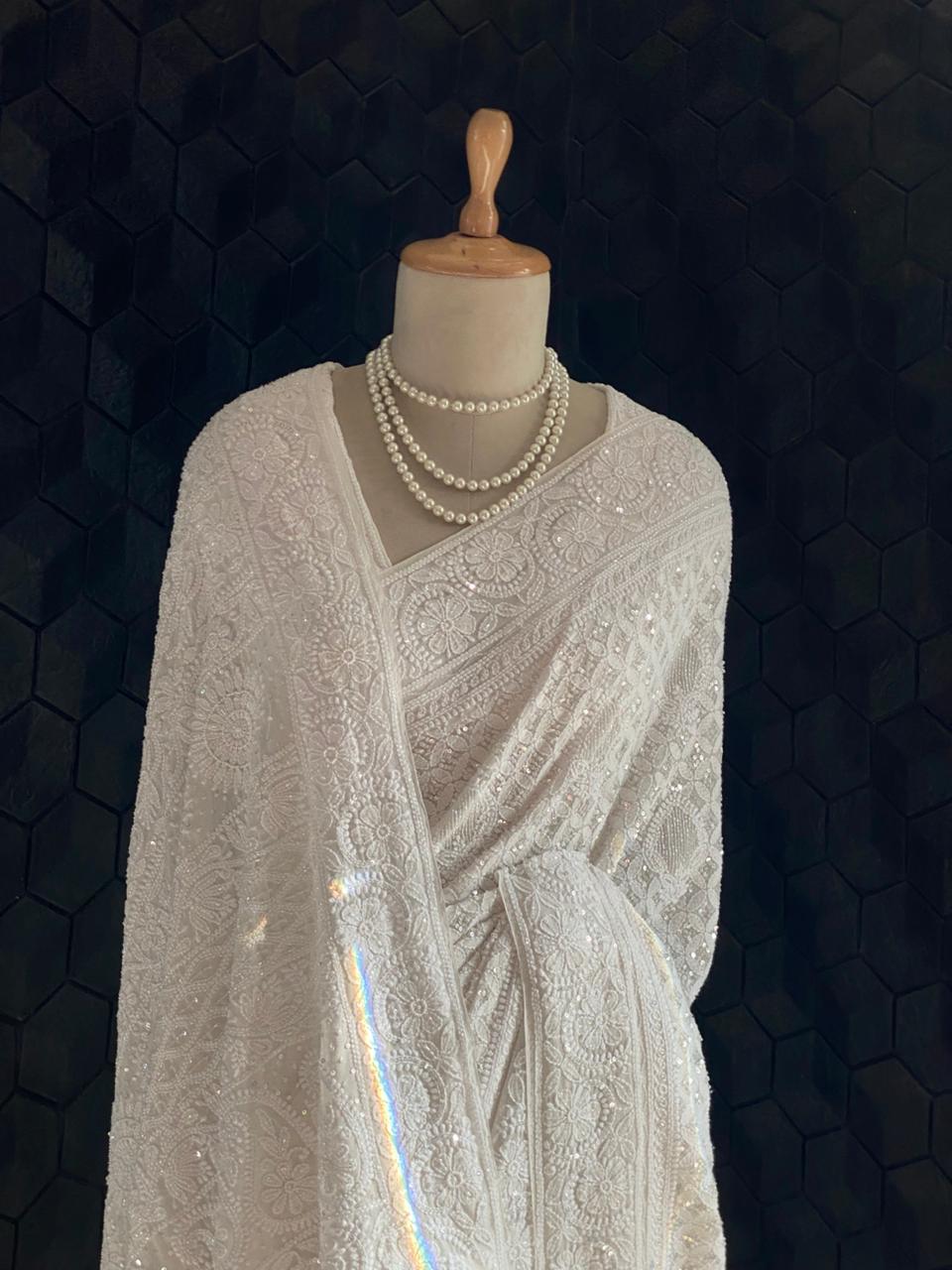 White Chikankari Georgette Saree