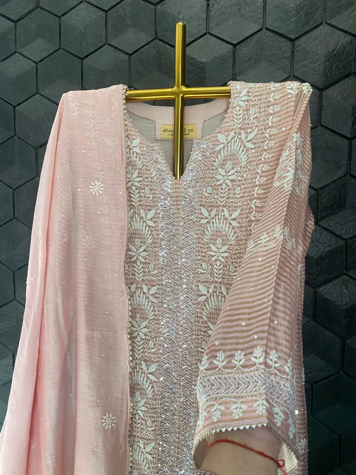 Pink Striped Tissue Chikankari Kurta Set
