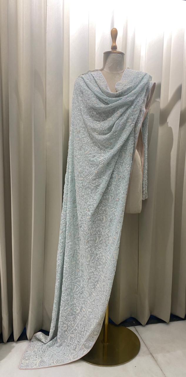 Aqua Georgette Chikankari Dupatta