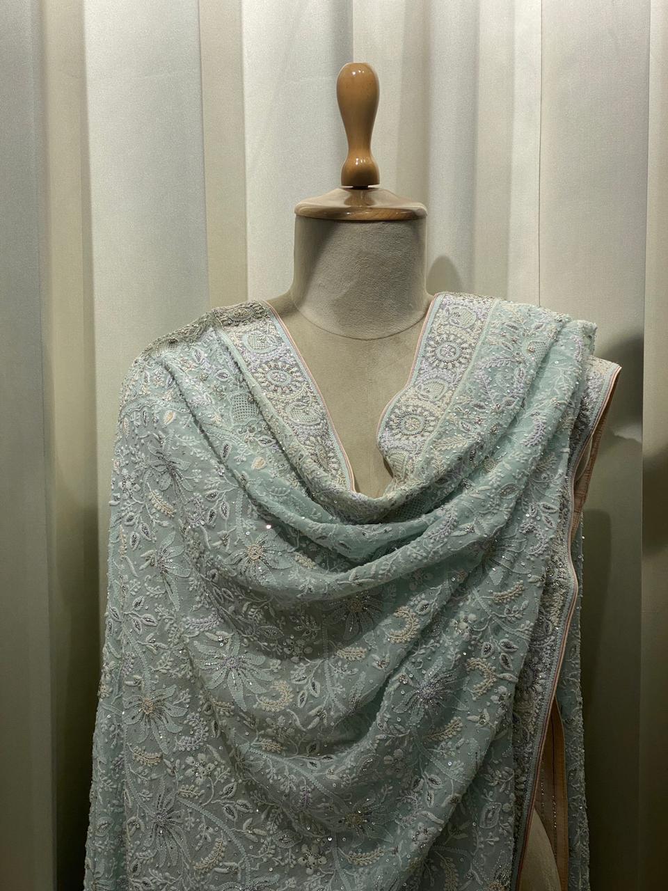Aqua Georgette Chikankari Dupatta