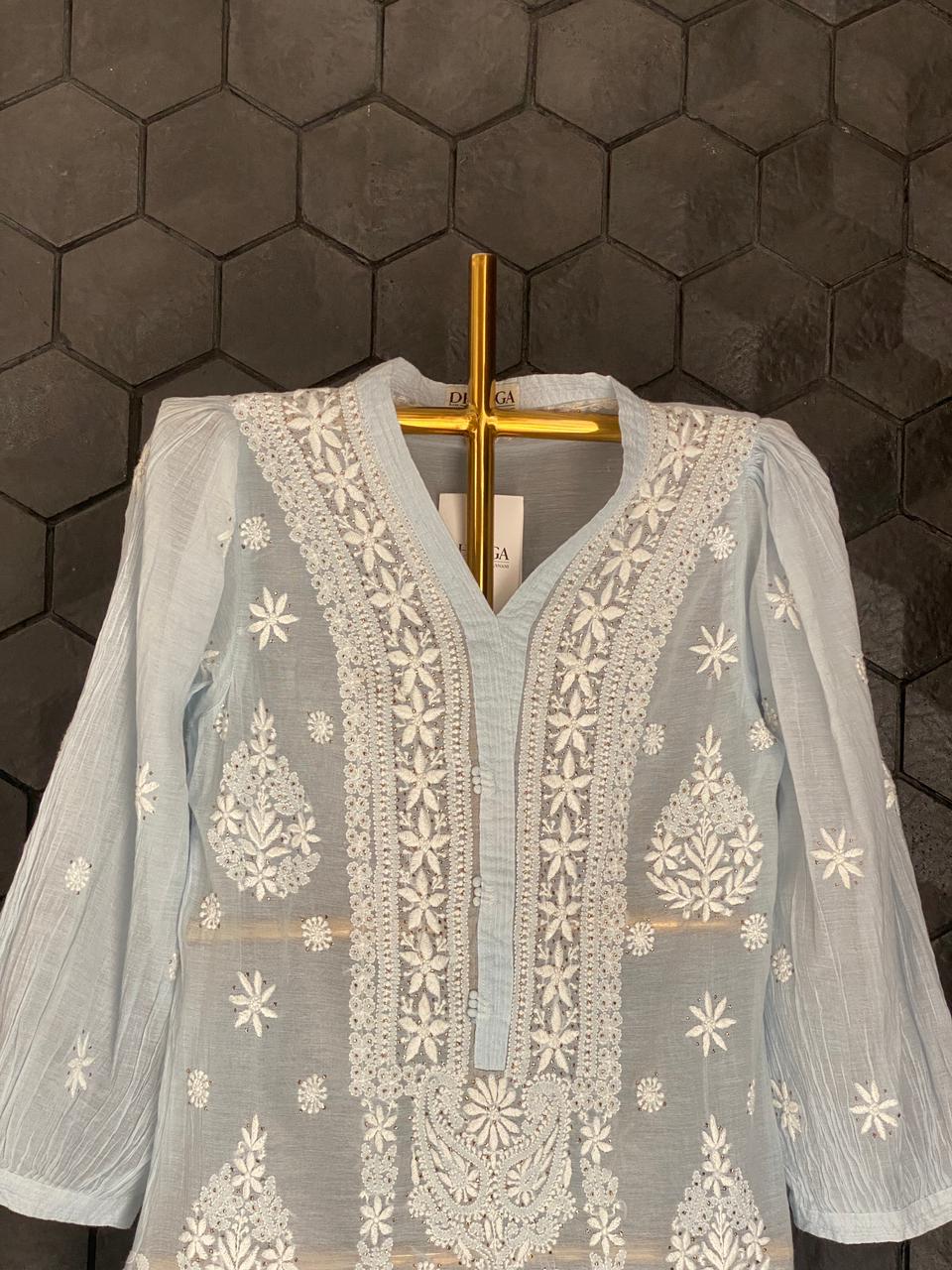 Blue Mul Chanderi Chikankari Co-ord set