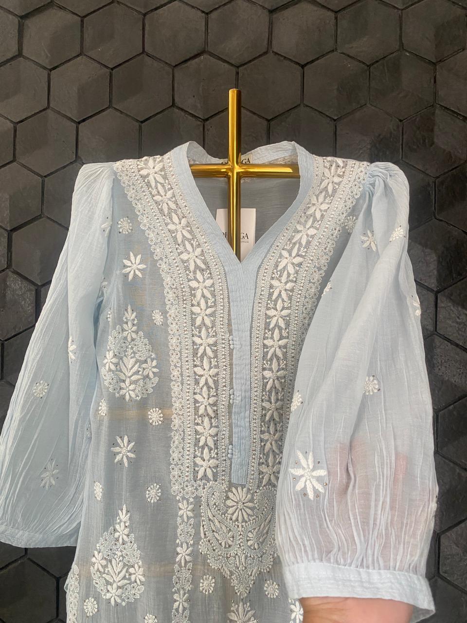 Blue Mul Chanderi Chikankari Co-ord set
