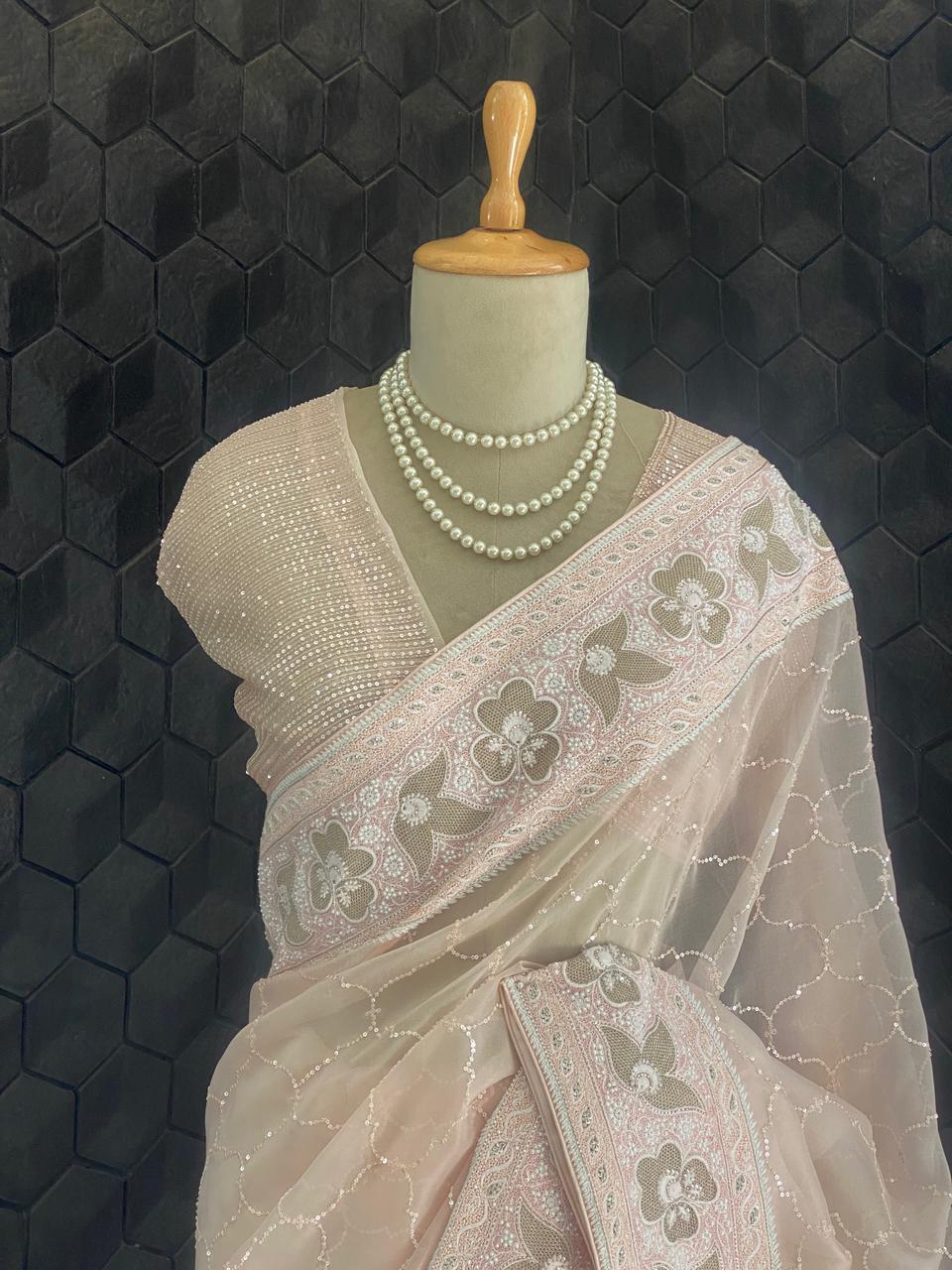 Pink Organza Chikankari Saree