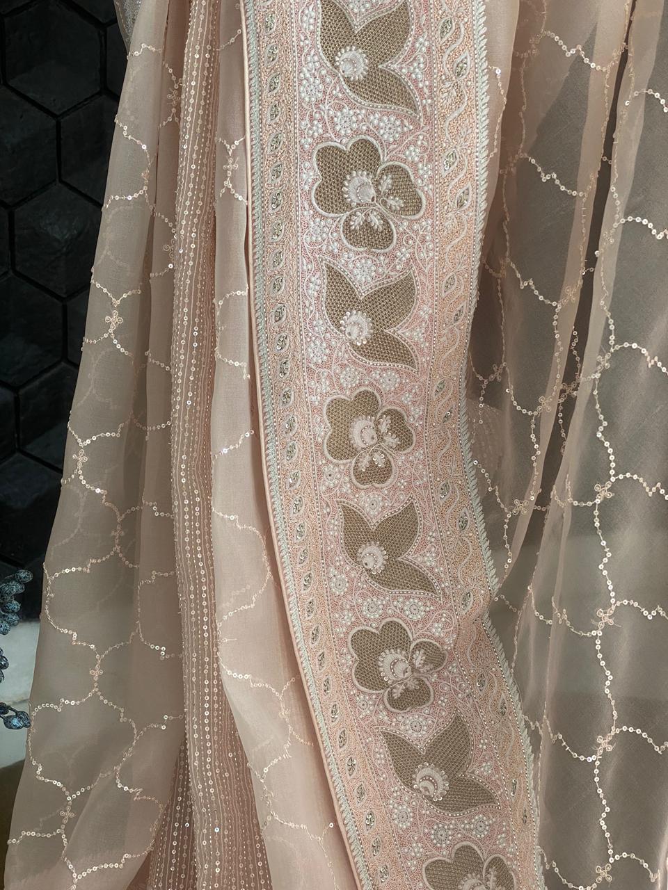 Pink Organza Chikankari Saree