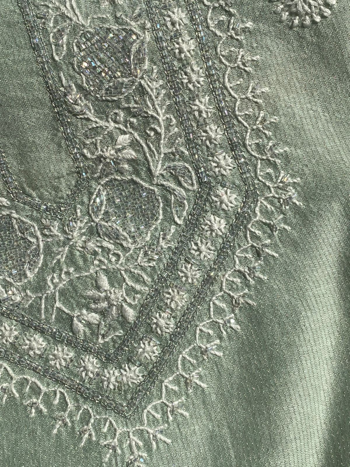 Green Silver Tissue Chikankari Mens Kurta