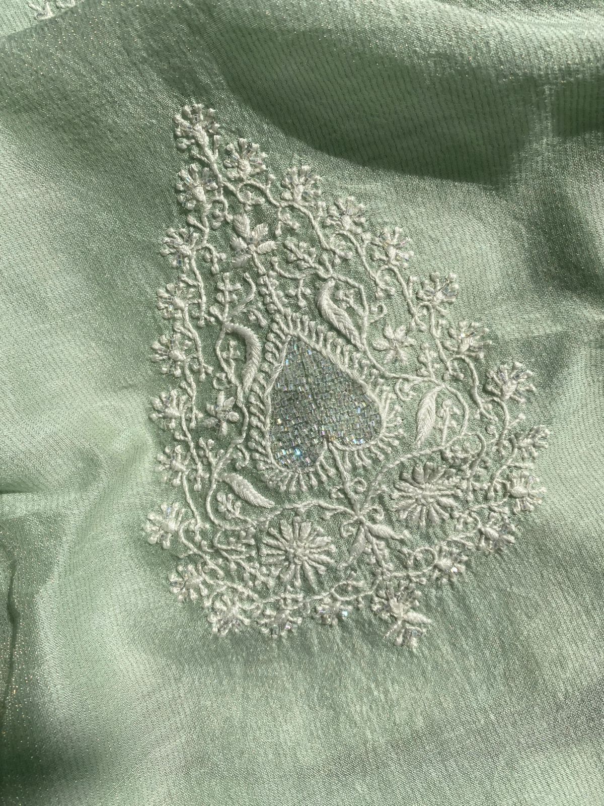 Green Silver Tissue Chikankari Mens Kurta
